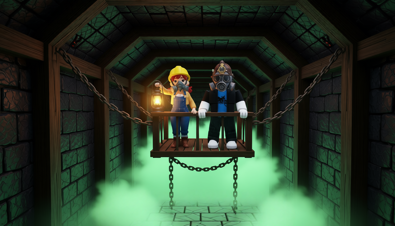 Two players on a chain platform suspended above toxic fog