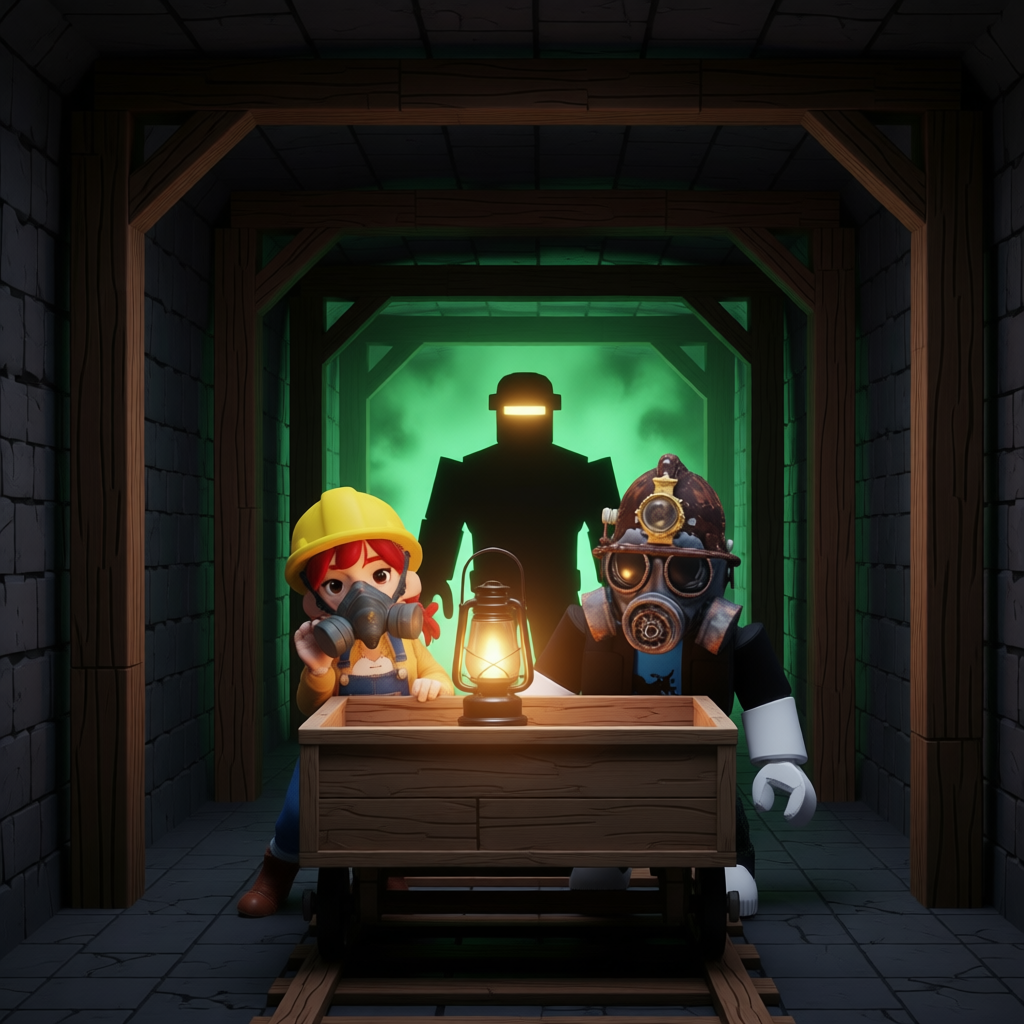Players hide behind a mine cart as the Foreman's silhouette looms in toxic green fog